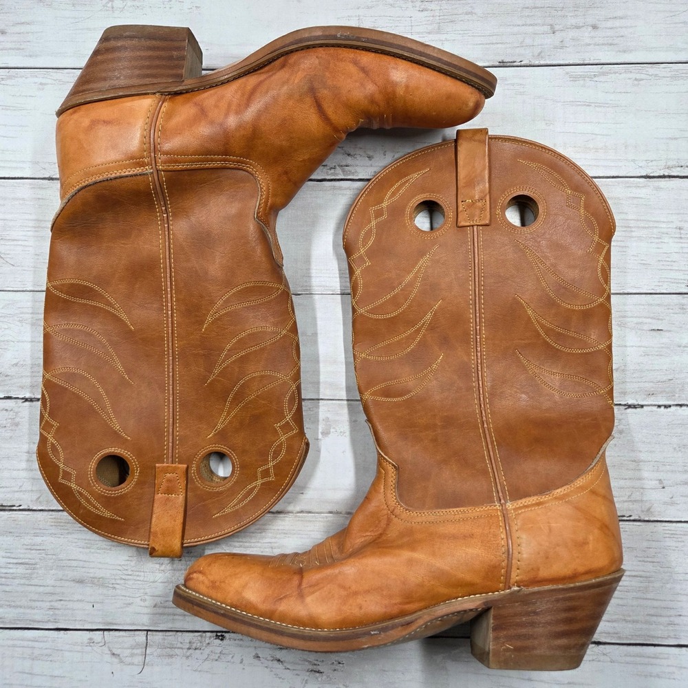 ACME Cowboy Boots Men 12D 4607 Tan Western Pull Hole Pointed Toe Made In USA